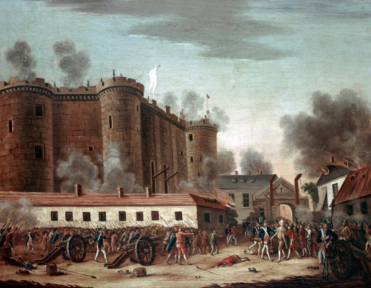 Storming of the Bastille, 14 juli 1789 (olja på duk) av French School