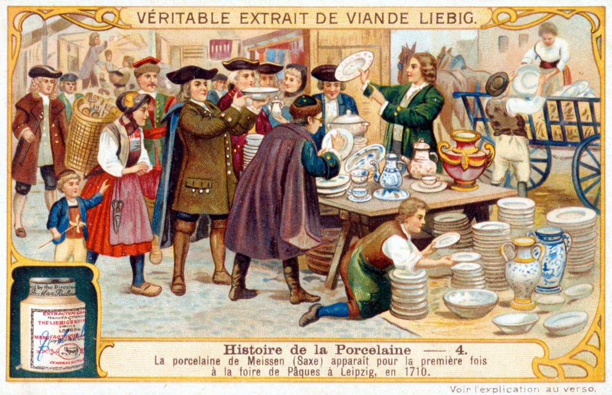 Porslinets historia nr 4: Meissen-porslinet (Sachsen) visades för första gången på påskmässan i Leipzig 1710. Liebig kromolitografi av French School