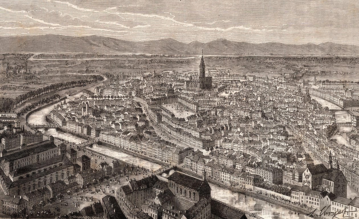Strasbourg - Bas-Rhin, i Alsace - gravyr i "La France illustrée: geografi, historia, statistisk administration" av V.A. Malt-Brown. 1884 av French School