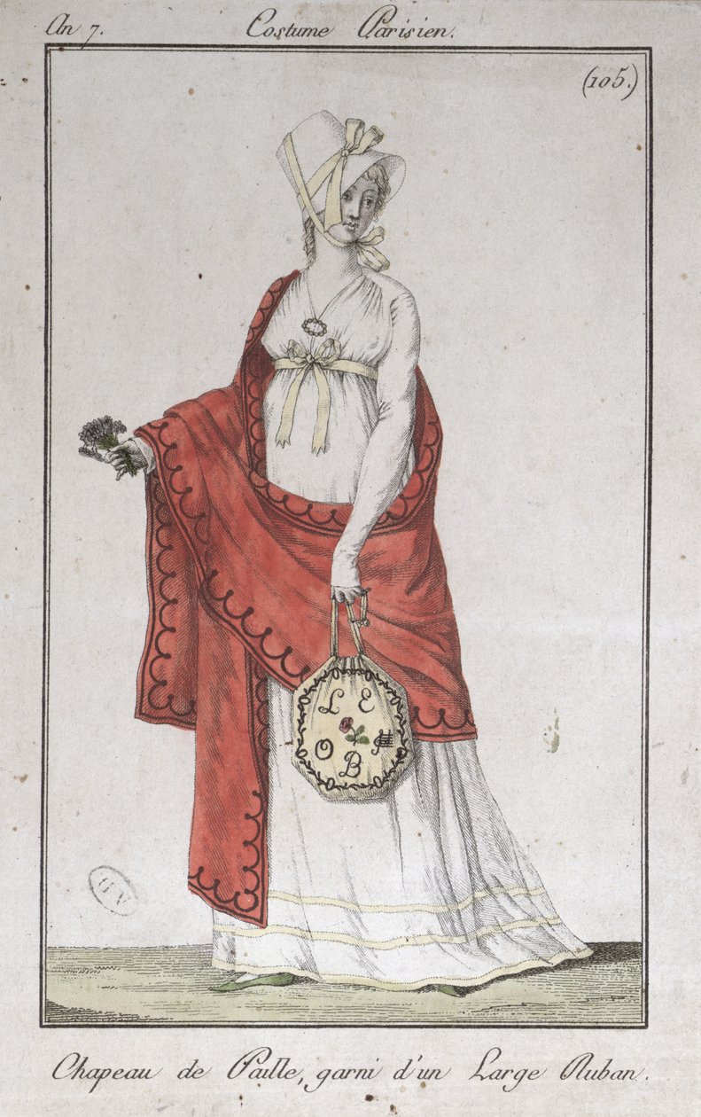 Stråhatt med band, modetallrik från Costumes Parisiens, 1799 av French School