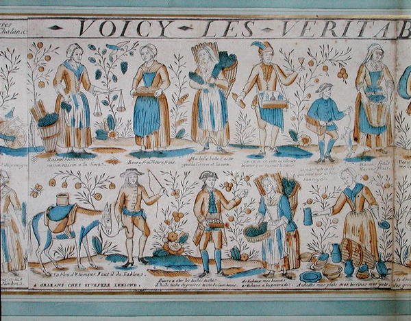 Gatuhandlare på 1700-talet (färg litho) av French School