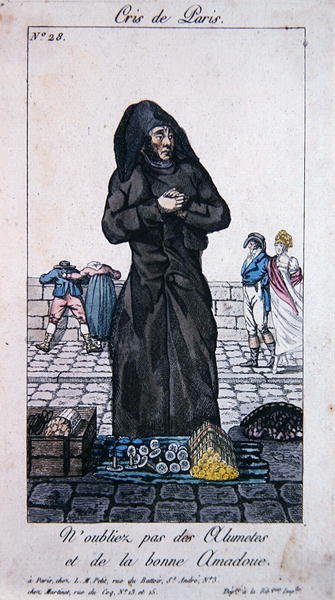 Gatuförsäljare av tändstickor och tändträ, tidigt 1800-tal (färggravyr) av French School