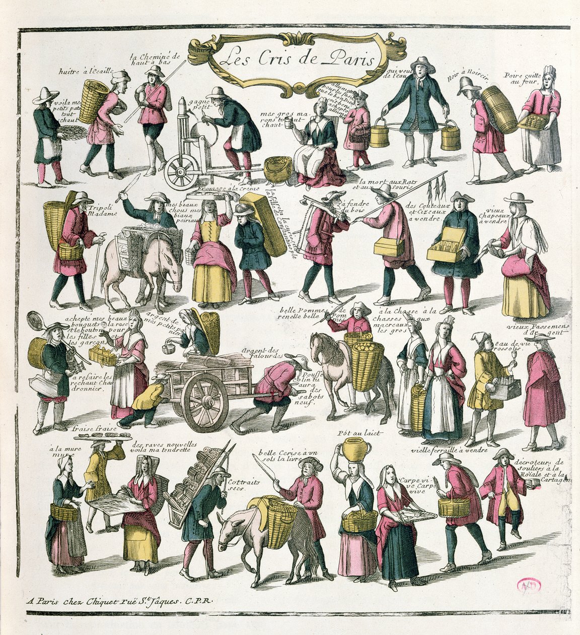 Gatuförsäljare i Paris, sent 1600-tal (färggravyr) av French School