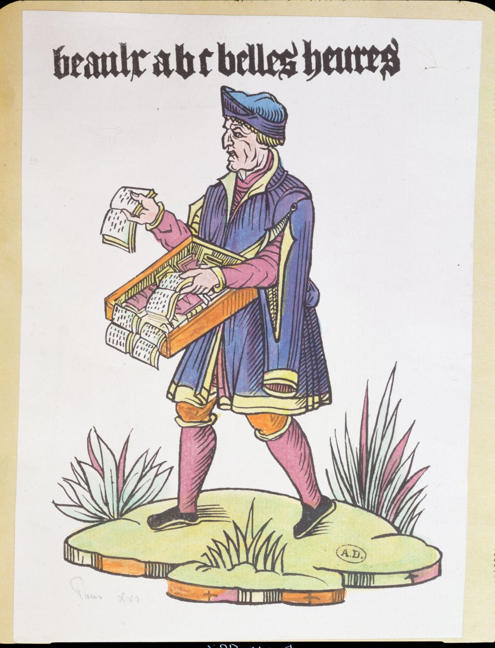 Gatuhandlare som säljer primers och böcker i alfabetet, från Cris de Paris, ca 1515 (färgad trästick) av French School