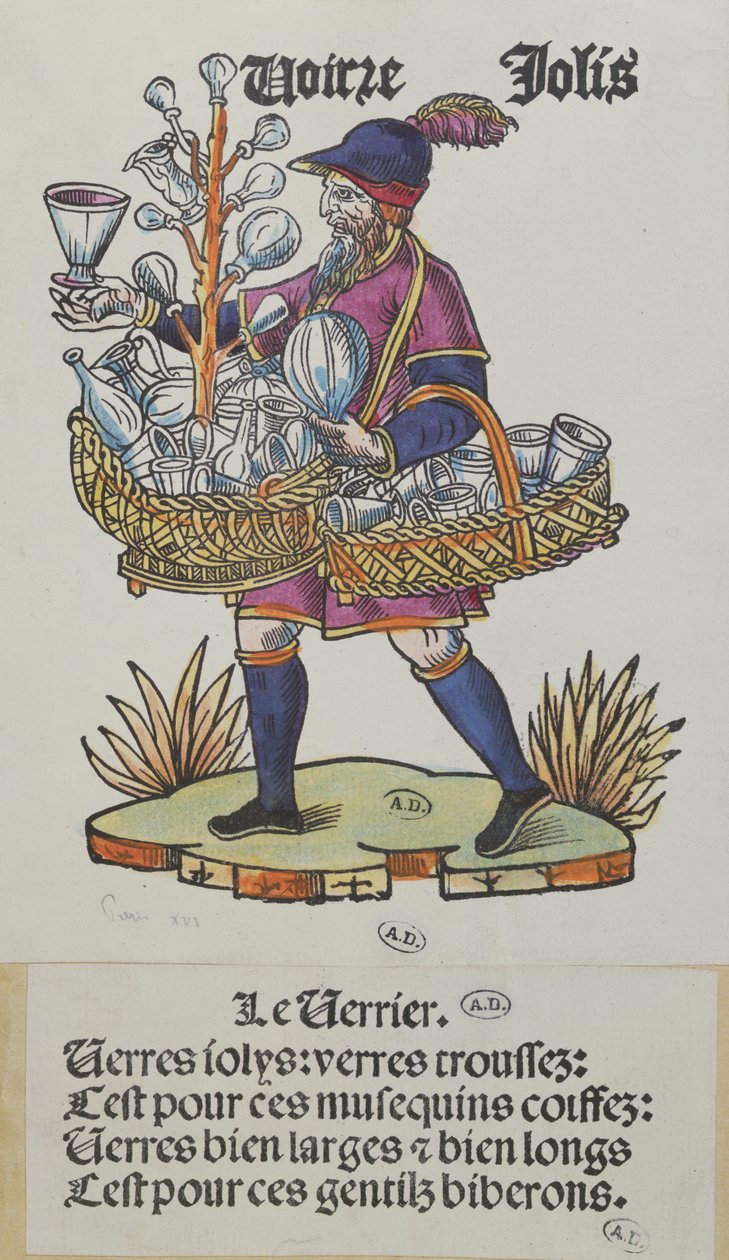 Gatuhandlare som säljer glasvaror, från Cris de Paris, ca 1515 (färgad trästick) av French School