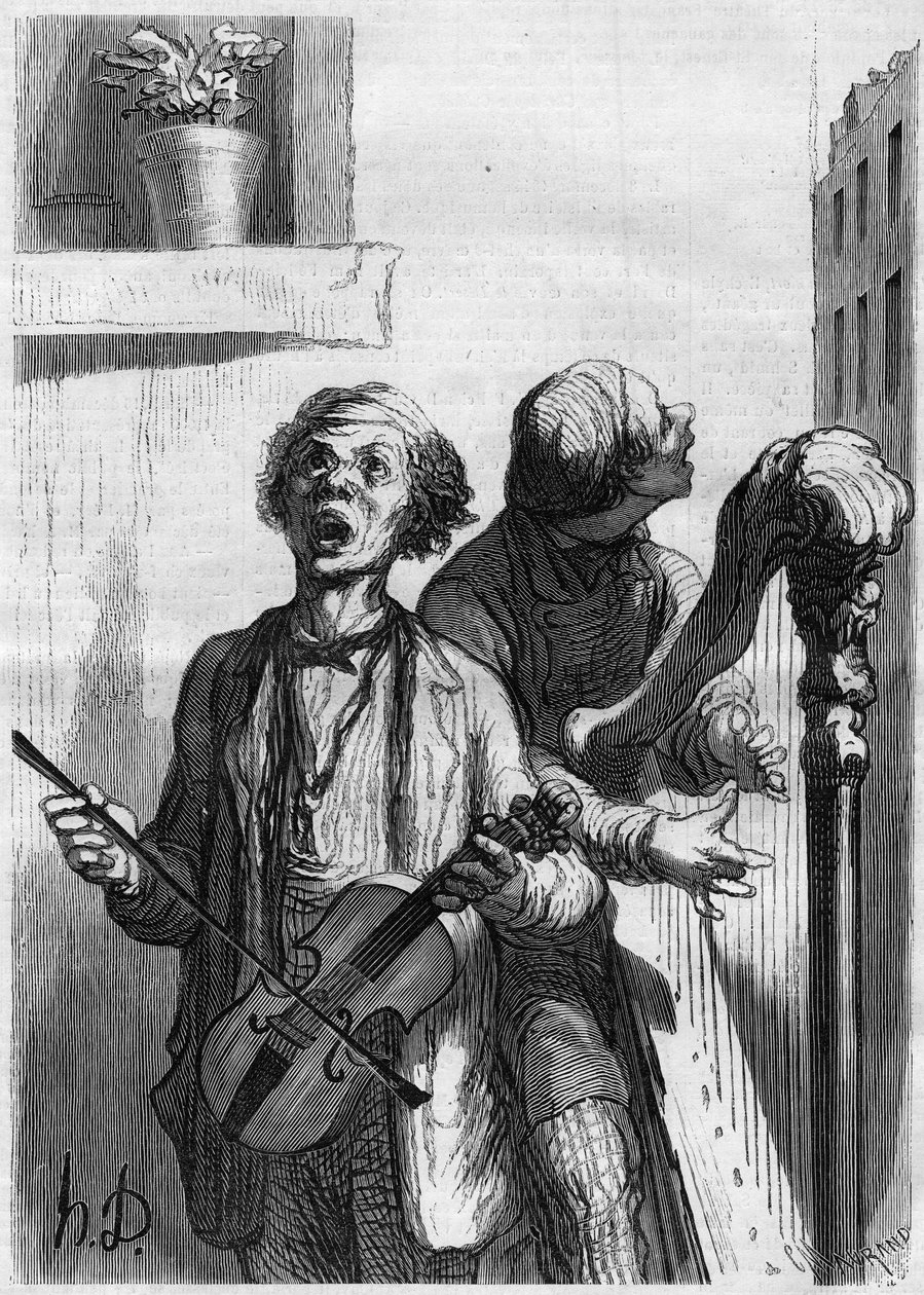 Streetsångare. Tecknad av Honore Daumier (1808-1879). Gravyr i "" Le Monde Illustré"" nr 297 av 20 december 1862. av French School