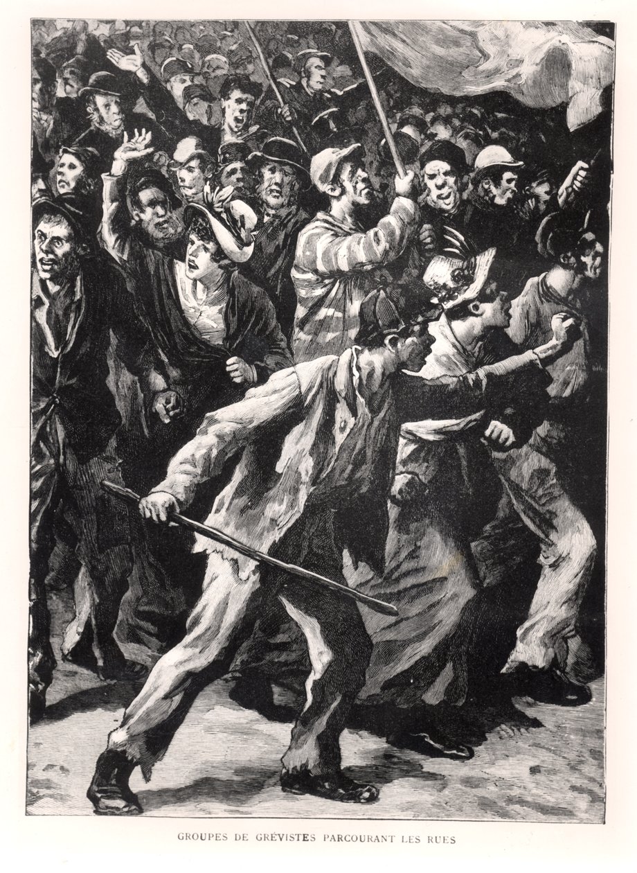 Anfallare demonstrerar på Chicagos gator under Pullman Riots 1894, ca 1895 av French School
