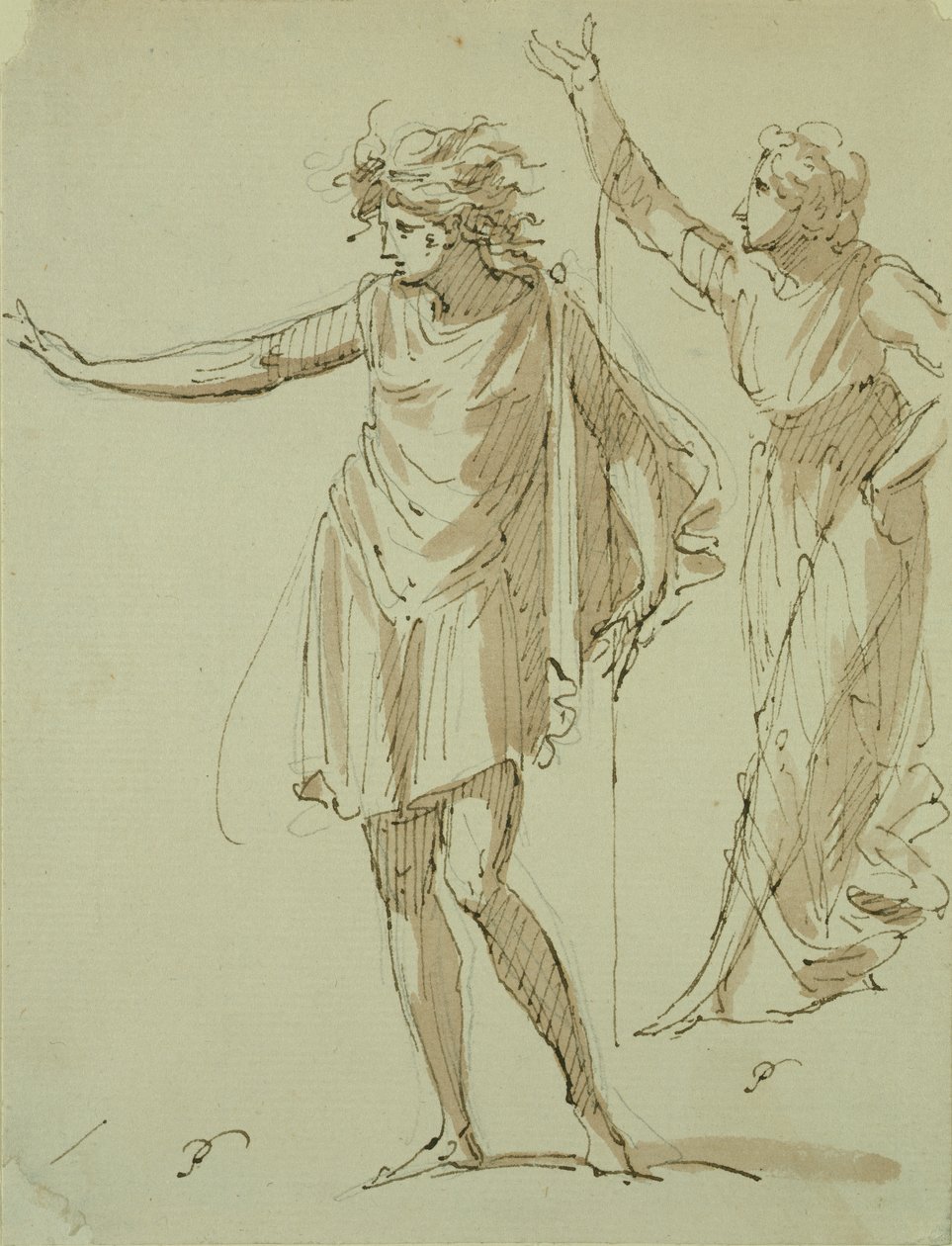 Studie av två klassiskt draperade figurer, ca 1790 (penna & bläck och tvätt på papper) av French School