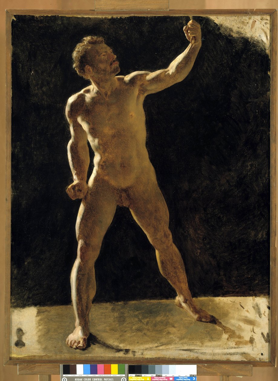Studie av en naken man som höjer näven. Anonym målning. Musee Granet, Aix en provence av French School
