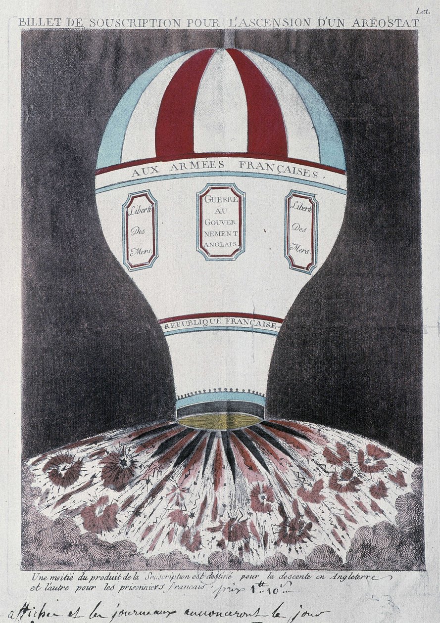 Prenumerationsbiljett för uppkomsten av en aerostat för att invadera England, deb. 1800-talet av French School