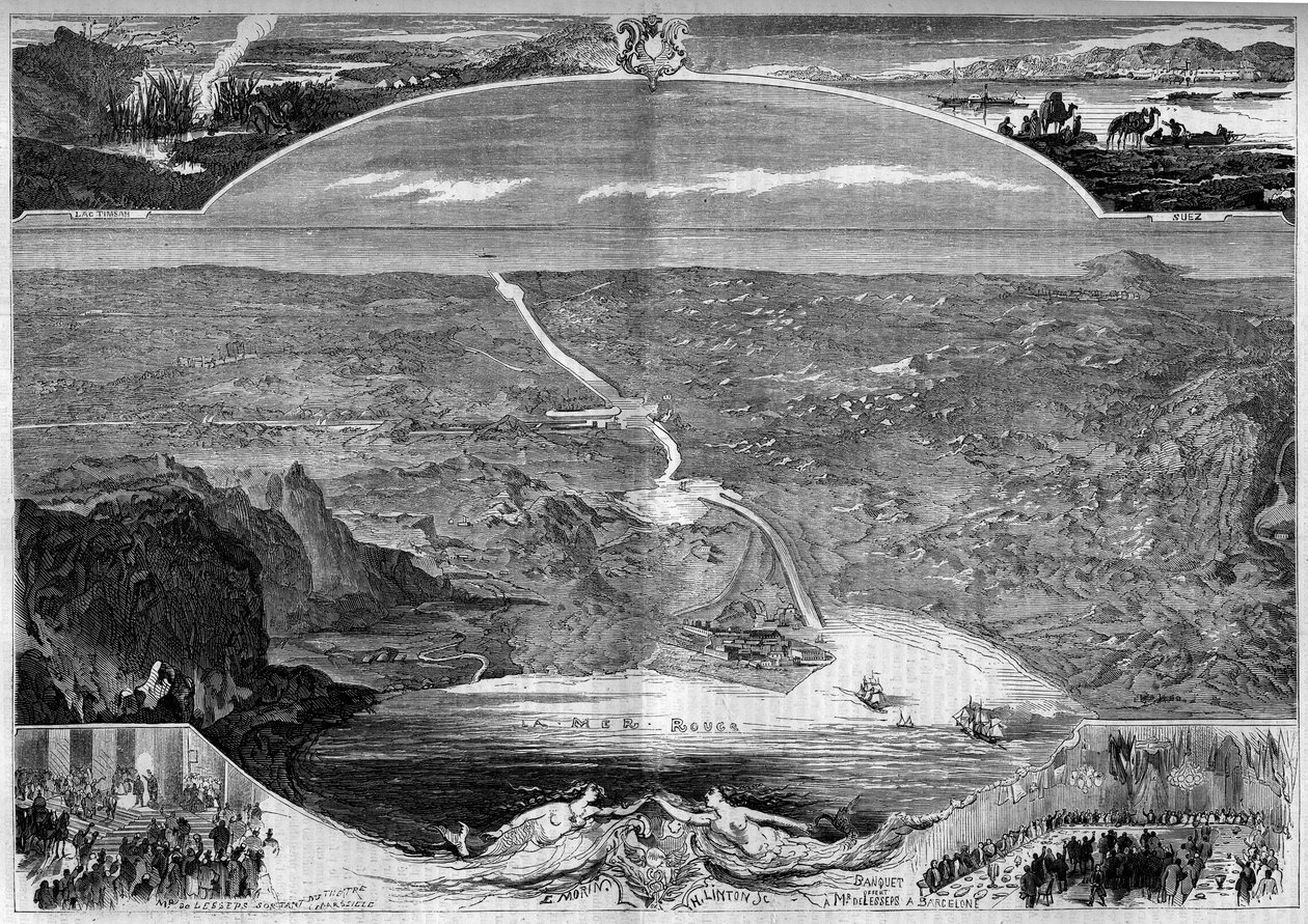 Suezkanalen: panoramautsikt över hålet i Sueznäset (Egypten), som började byggas 1859. Gravyr av Morin i "" The Illustrous World"" nr 84 den 20 november av French School