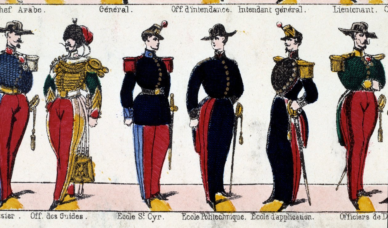 Kostymer för studenter av guiden officer, skolan i Saint Cyr, Polytechnique och skolan för ansökan. Gravyr av 1800-talet. Paris, Musée Carnavalet av French School