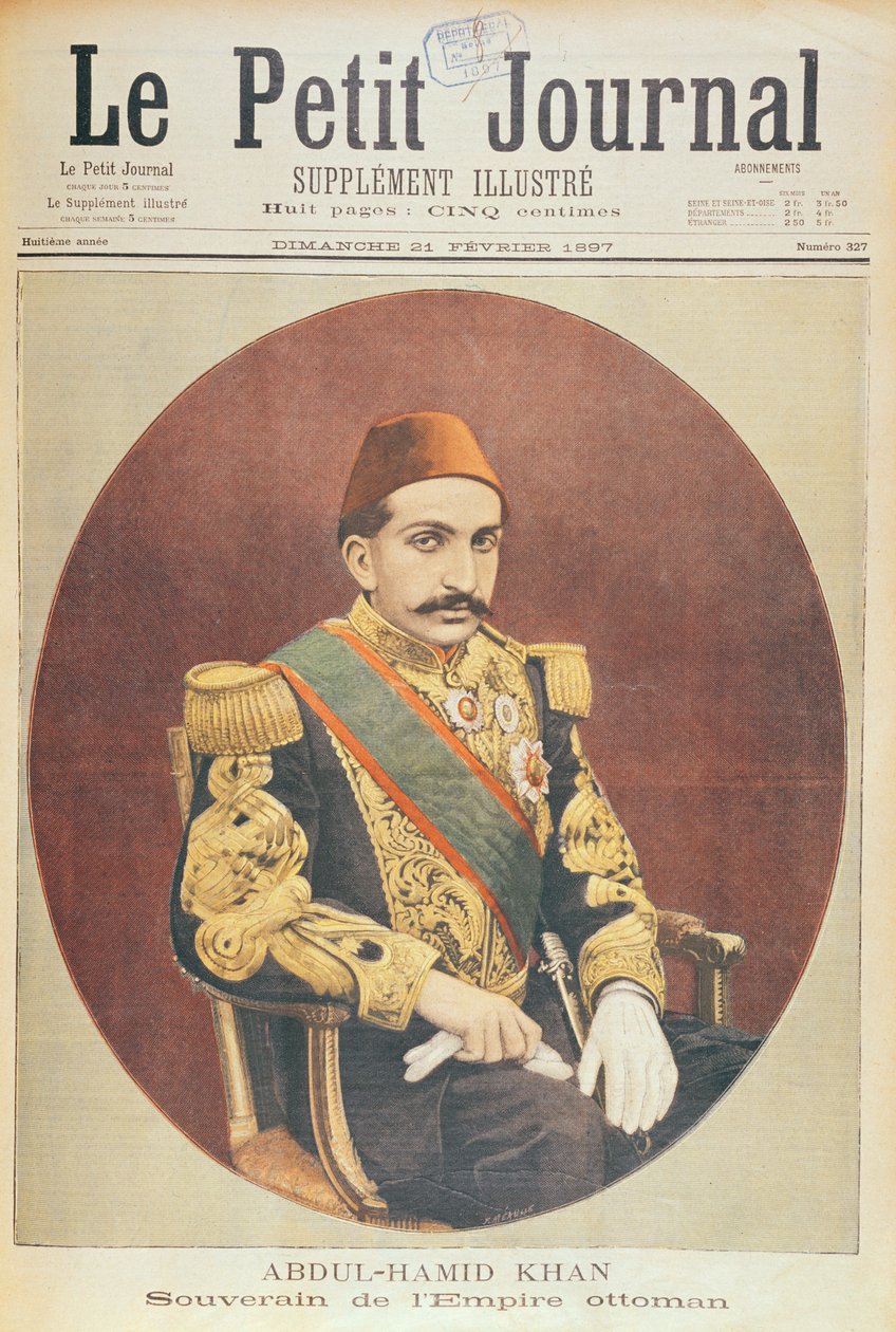 Sultan Abd al-Hamid Khan II (1842-1918) Osmanska rikets suverän, från Le Petit Journal, 21 februari 1897 av French School