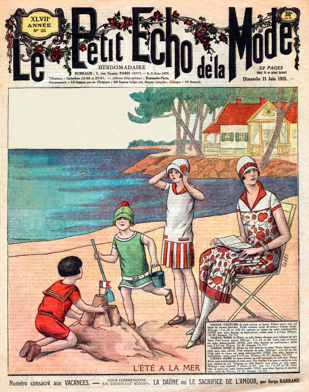 Sommar vid havet, kvinna med sina tre barn på stranden av French School