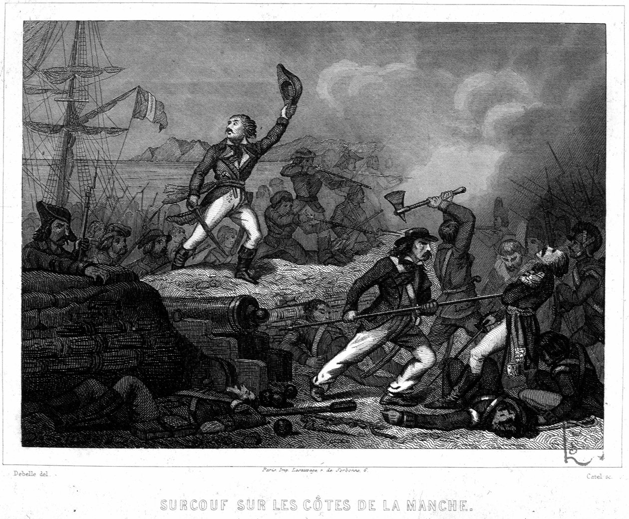 Surcouf vid kanalens kuster - i ""History of Pirates and Corsairs of the Ocean and the Mediterranean"" av P. Christion, Paris, D. Cavaillés ed. av French School