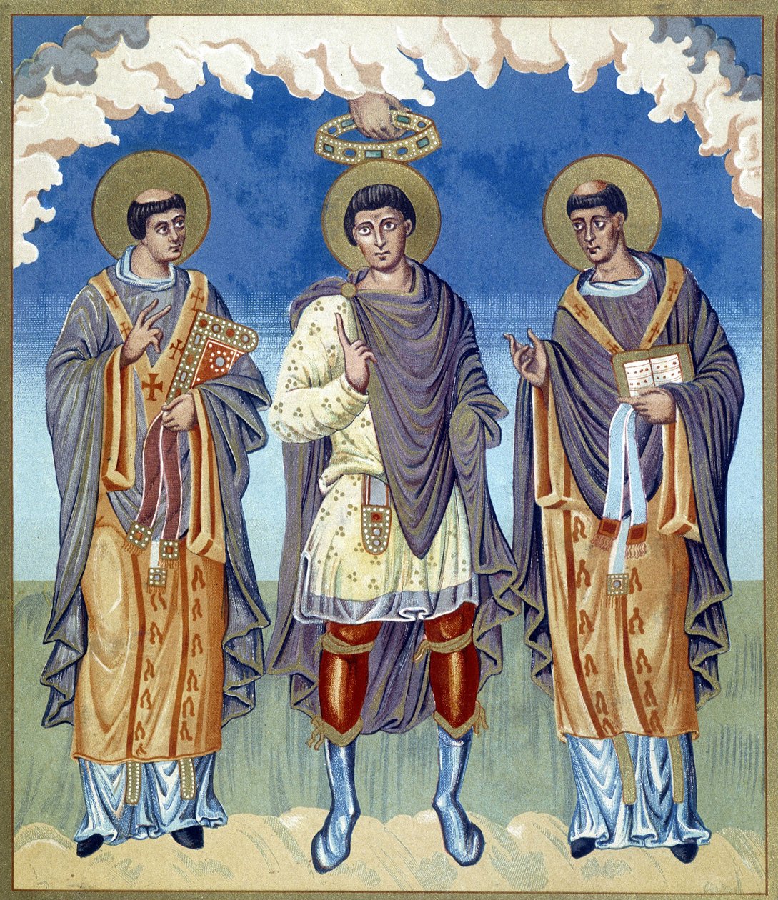 Symbolisk kröning av en Franc Prince omgiven av religiösa. Illustration tagen från "Frankrike på 900-talet". av French School
