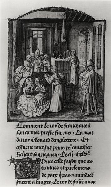 T.2 Fol.111 The Death of Edward III, King of England at Shene Castle, från Froissarts Chronicle, sent 1400-tal (vellum) (s/v foto) av French School