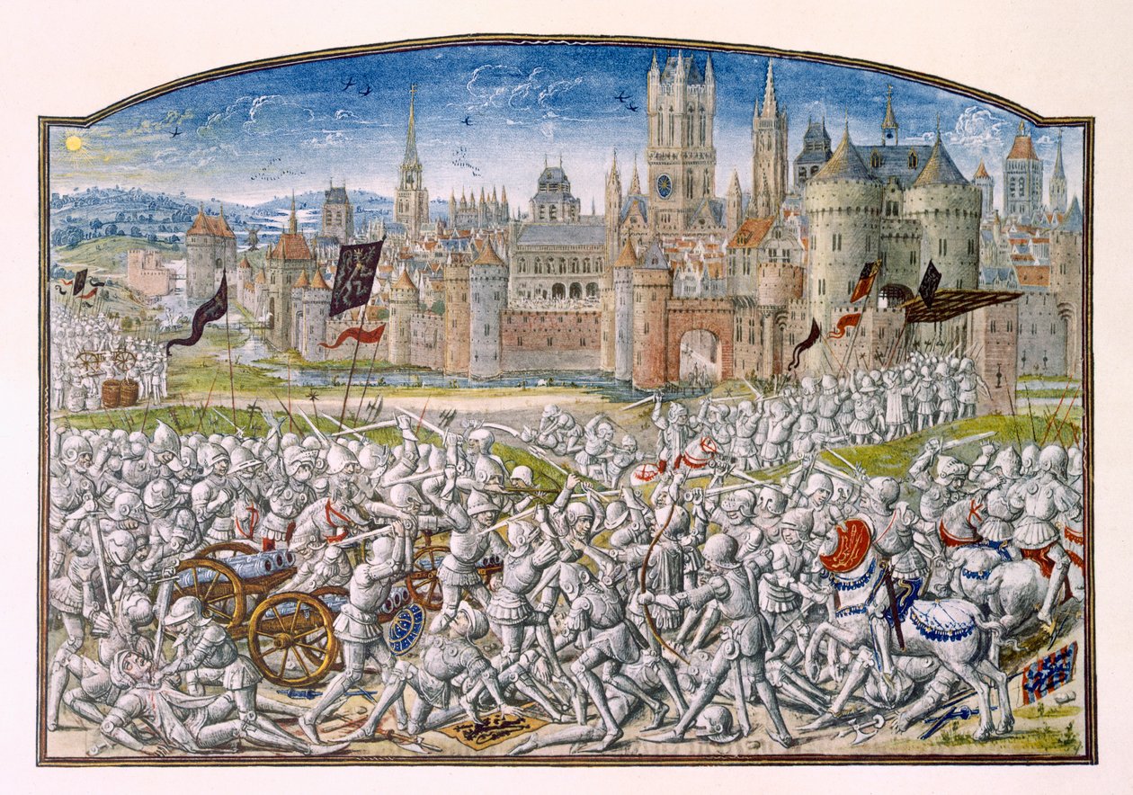 T.2 fol.287 Seger för invånarna i Gent ledd av Philipp van Artevelde före Brygge 1381, från Froissarts Chronicle, 1472 av French School