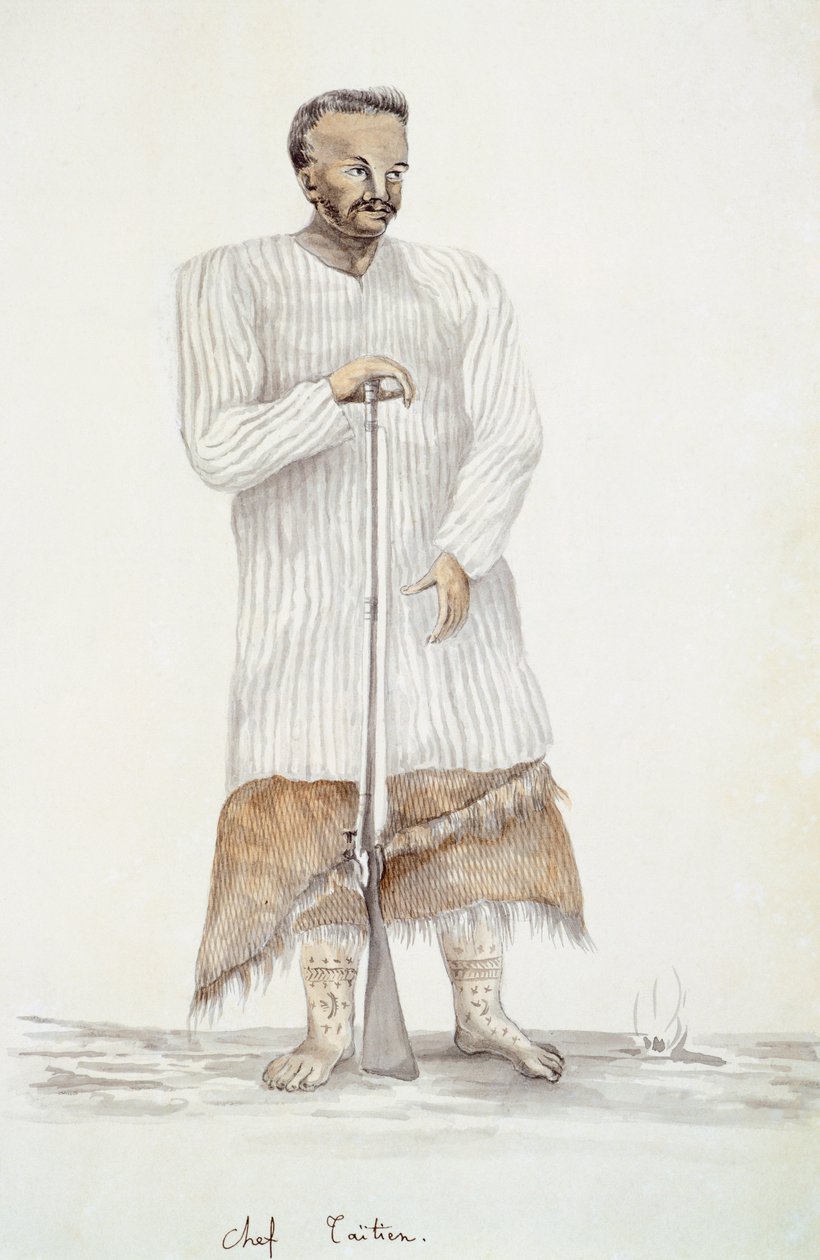 Tahitiansk hövding, illustration från Louis I Duperreys resa, av LF Lejeune, akvarellmålning av French School