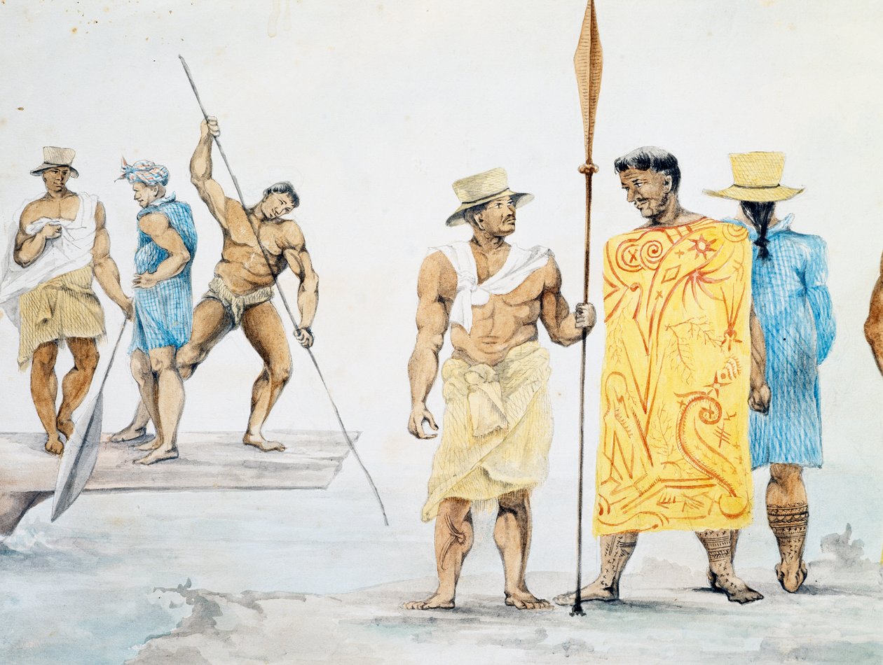 Tahitiska hövdingar som går ombord på Coquille, design av Jules-Louis Lejeune, baserad på Voyage around world av French School