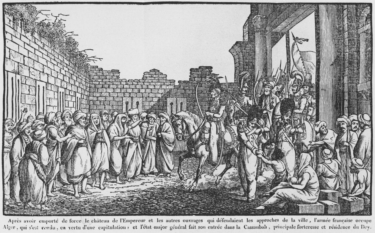 Intagande av Alger, fransk armé på väg in i kasbahen, illustration från en populär almanacka, 1831 av French School