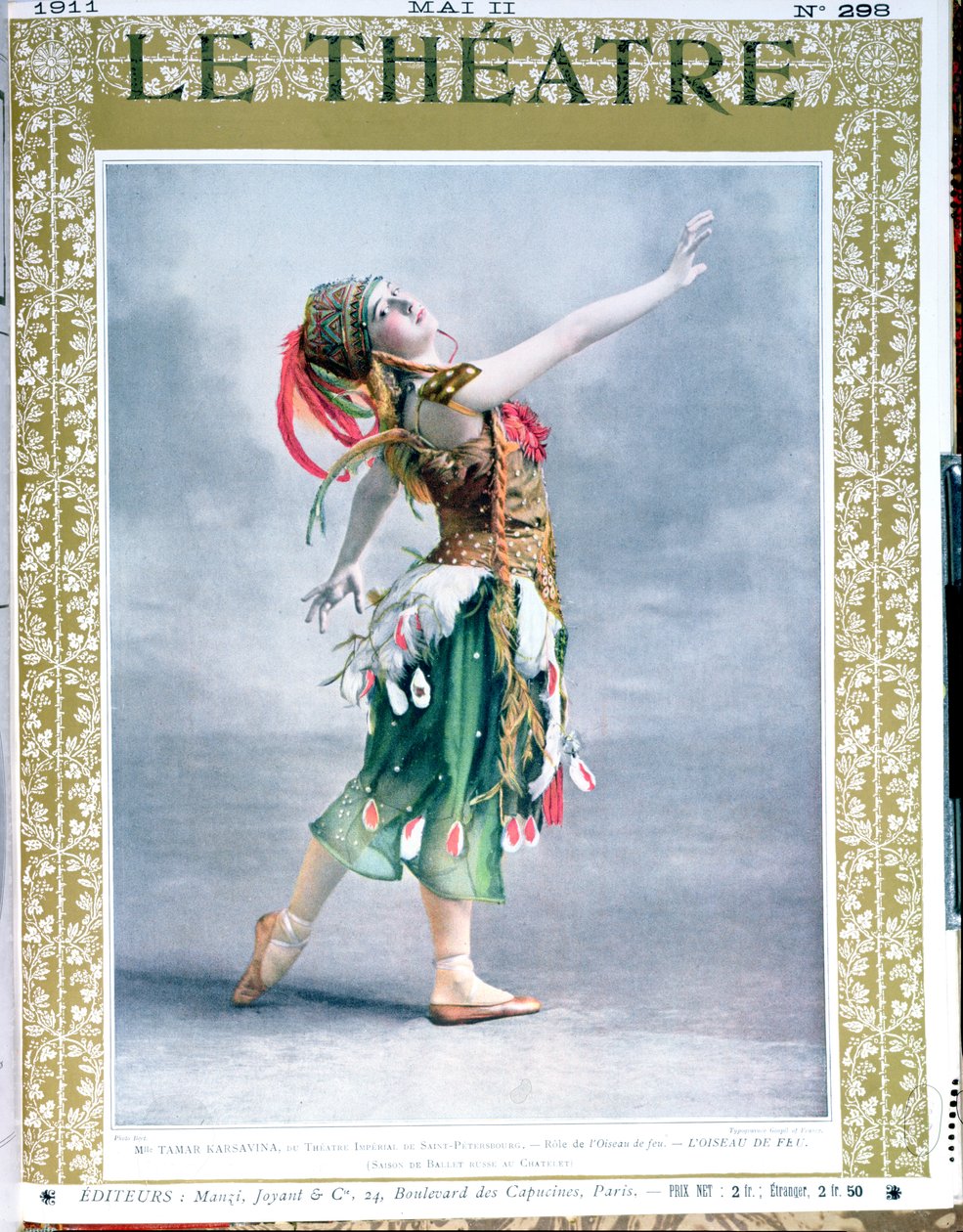 Tamara Platnovna Karsavina (1885-1978) som Eldfågeln av Igor Stravinsky (1882-1971) från framsidan av tidskriften Le Theatre, maj 1911 av French School