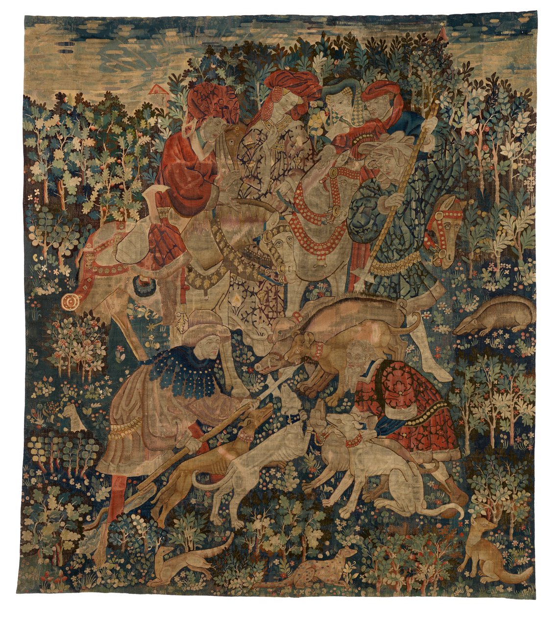 Gobelängfragment föreställande en vildsvinsjakt, från Arras av French School