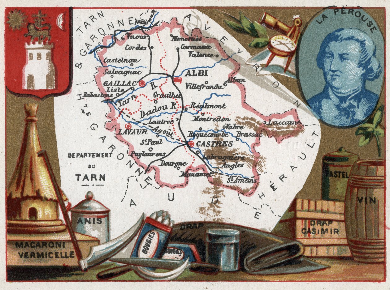 Tarn (81), Midi Pyrenéerna (Midi-Pyrénées), Frankrike. Makaroner och vermicelli, anis, ljus, sängkläder, pastell och vin. Porträtt av Jean Francois de Galaup, greve av La Perouse (1741-?), sjöofficer. Serie om de franska departementen. Kromolitografi (C av French School