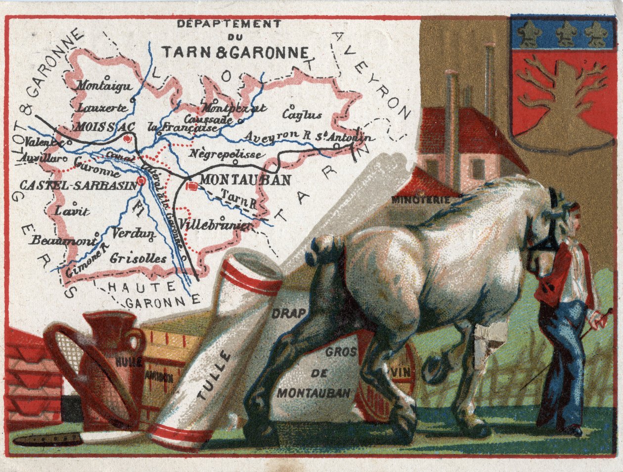 Tarn et Garonne (Tarn-et-Garonne, 82), Midi-Pyrénées (Midi Pyrenéerna), Frankrike. Lokal specialitet: olja, stärkelse, tyll, grossist Montauban-plåt, vin och mjölkvarn. Serie om de franska departementen. Kromolitografi (Chromo) "" den geografiska tråden"", av French School