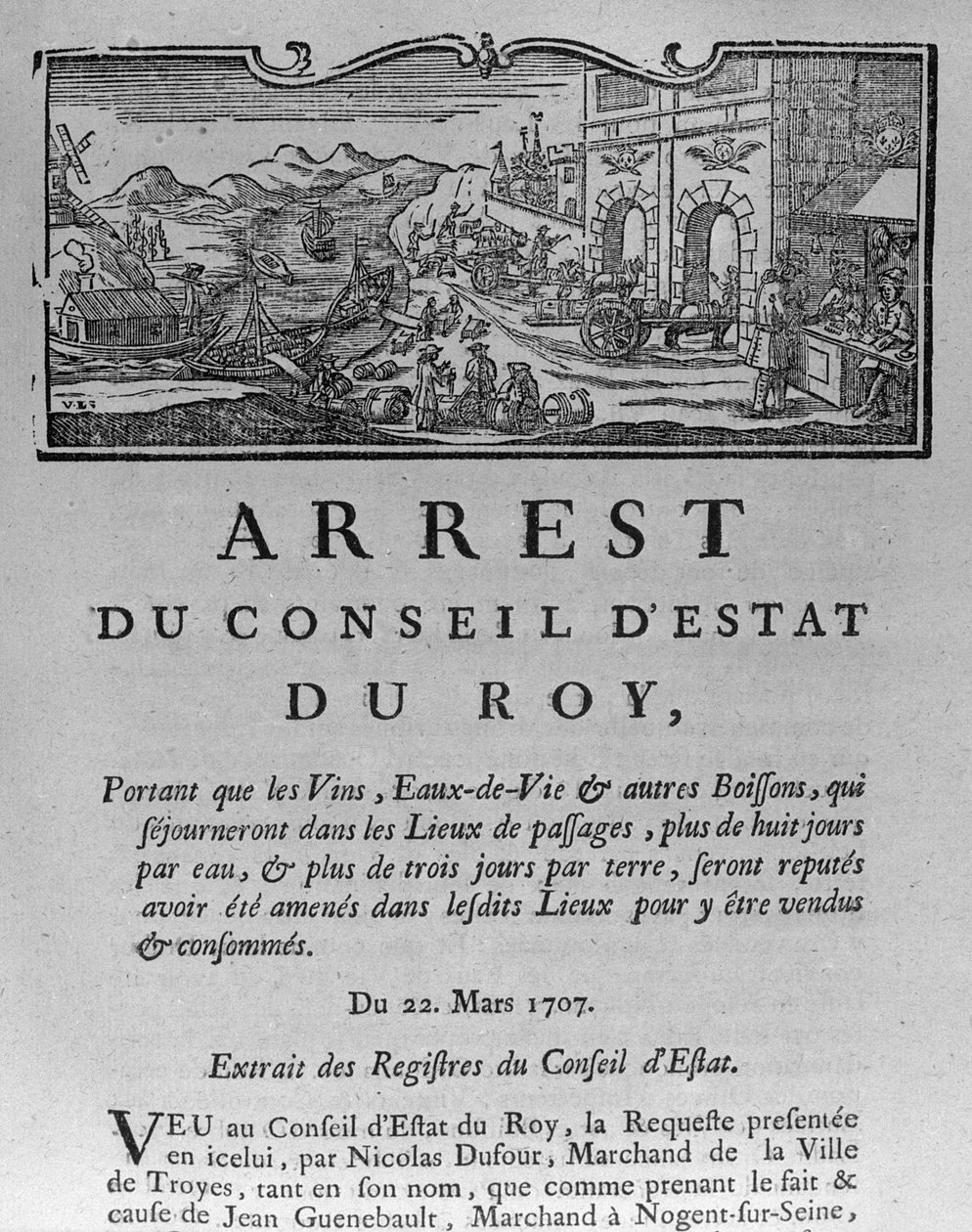 Skattekontoret vid ingången till en stad för viner och sprit, dekret av statsrådet 22 mars 1707, från registret för statsrådet i Paris, 1739 (se 163952 för av French School