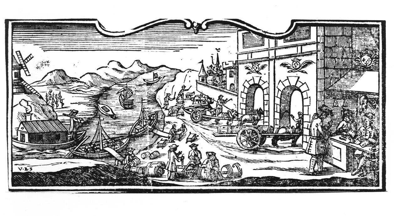 Skattekontoret vid ingången till en stad för viner och sprit, dekret av statsrådet 22 mars 1707, från registret för statsrådet i Paris, 1739 (detalj) (se en av French School