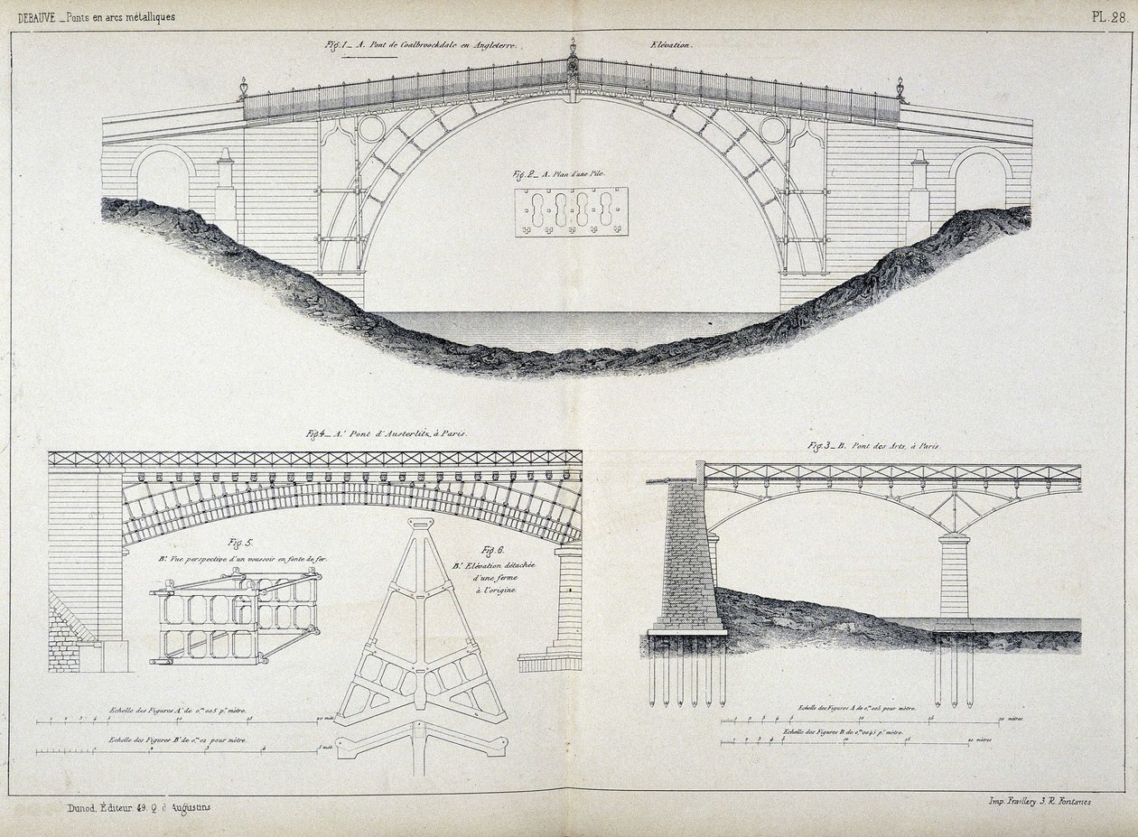 Tekniska ritningar av Ironbridge-broarna i Coalbrookdale (1779, England), Austerlitz och Arts i Paris, hämtade från "Manuel de l