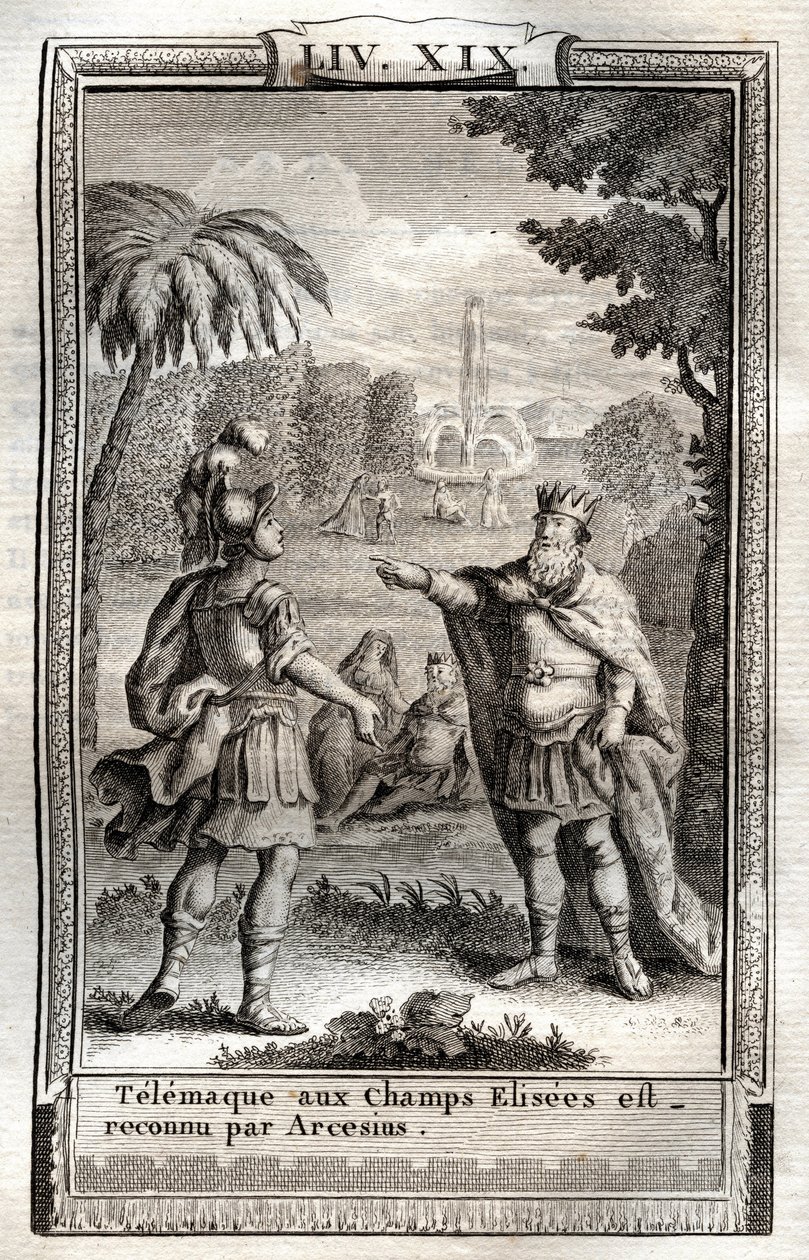 Att Telemaque är på Champs Elisees känns igen av Arcesius - gravyr från 1798 efter Monnet i "Les Aventures de Telemaque, fils d