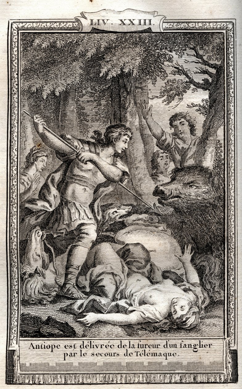 Telemaque levererar Antiope från ett vildsvin - gravyr från 1798 av Monnet i "Les Aventures de Telemaque, fils d