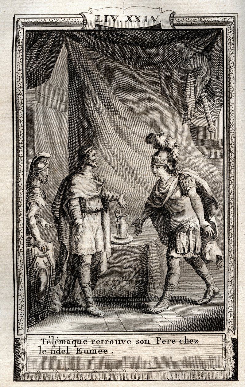 Telemaque hittar Ulisse - gravyr från 1798 av Monnet i "Les Aventures de Telemaque, fils d