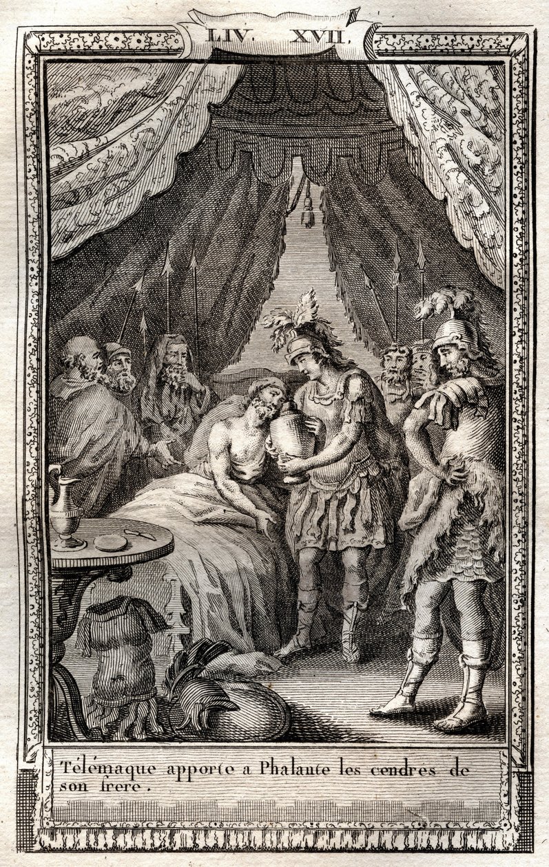 Telemaque tar hand om Phalantes sår och ger honom sin brors aska - gravyr från 1798 efter Monnet i "Les Aventures de Telemaque, fils d
