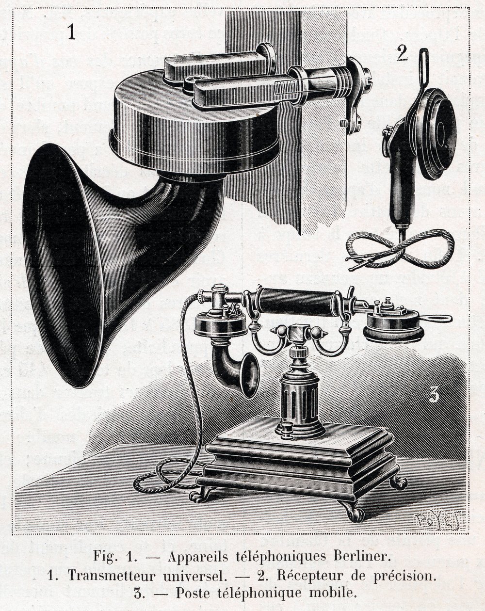 Telefonapparat - Berliner System - gravyr i "" La nature"" från 1902 av French School