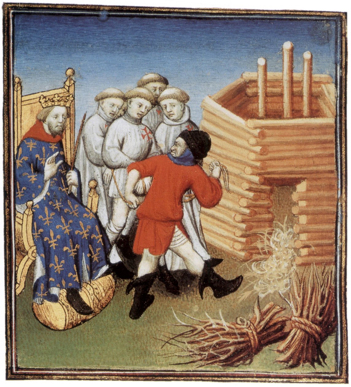 Tempelherrar kommer att avrättas under blick av den franske kungen Philippe IV le Bel 1310, belysning av French School