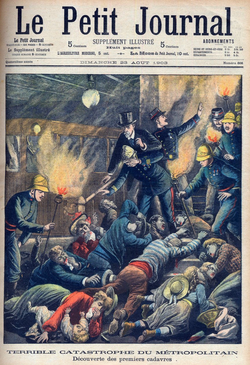 Terrible Disaster in the Paris Underground, främre omslaget till "Le Petit Journal", 23 augusti 1903 (gravyr) av French School