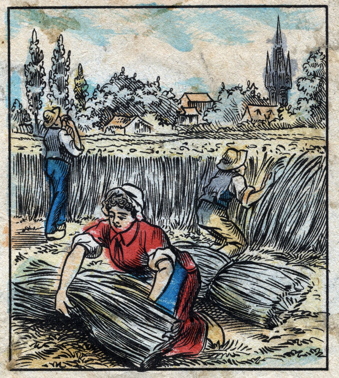 Textil, lin: jordbruk. Samlar linne som sätts ihop i en stövel för att torka. Gravyr. Epinal avbildning sent 1800-tal. av French School