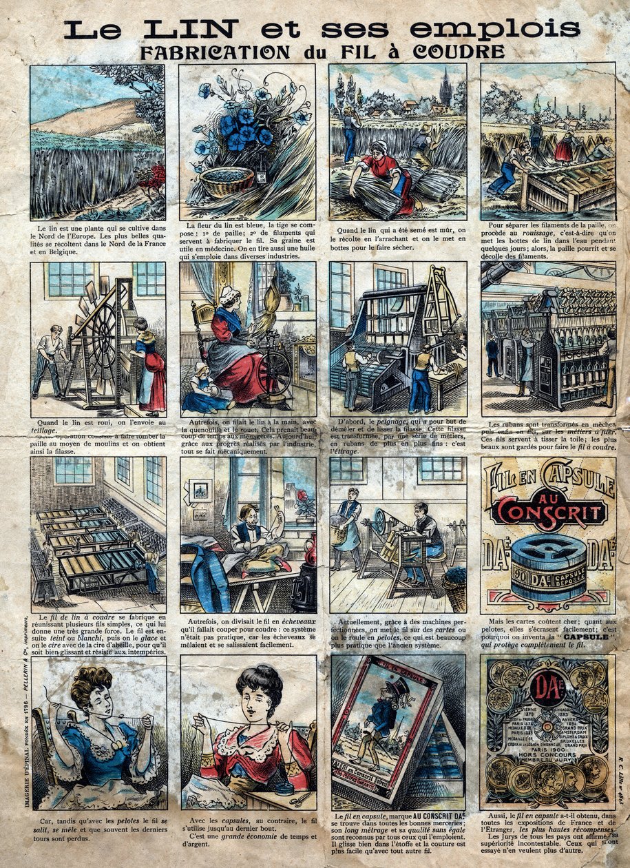 Textil, linne. Stegen för att sy, tillverka, använda och marknadsföra lin för att göra sytråd. Gravyr. Epinal avbildning sent 1800-tal. av French School