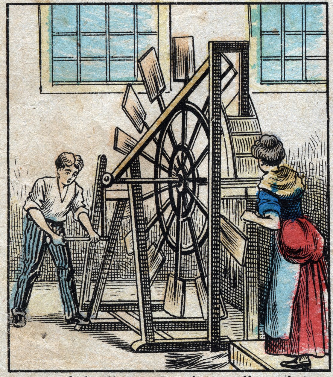 Textil, linne. Jordbearbetning av lin för att få halmen att falla med hjälp av kvarnarna och på så sätt erhålla filassen. Gravyr. Epinal avbildning sent 1800-tal. av French School