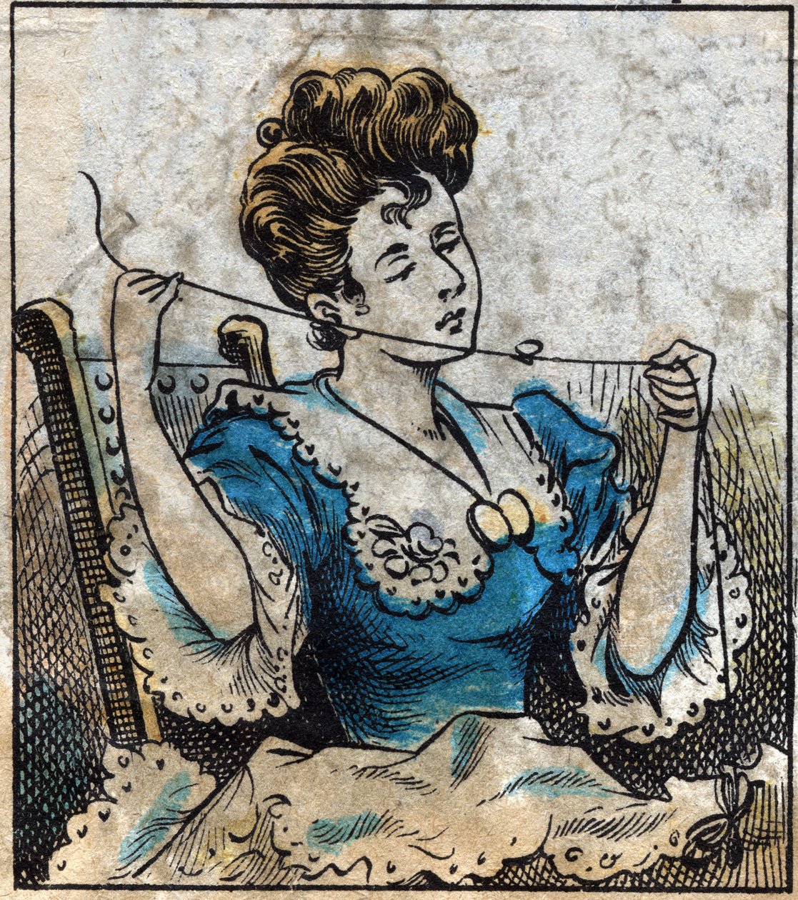 Textil, linne. Kvinna som använder en boll för att använda sytrådar. Gravyr. Epinal avbildning sent 1800-tal. av French School