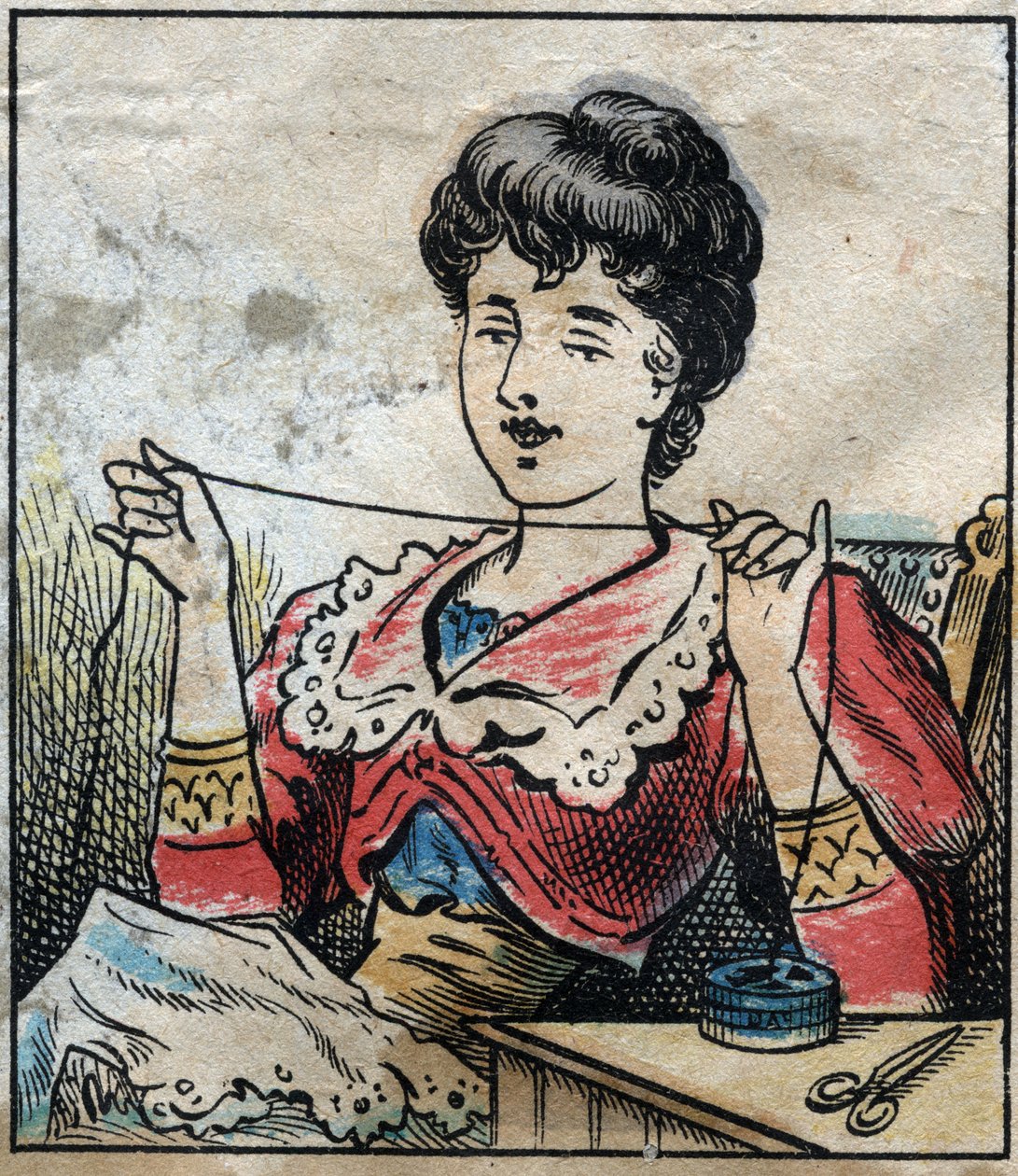 Textil, linne. Kvinna som använder kapslar för att använda sytrådar. Gravyr. Epinal avbildning sent 1800-tal. av French School