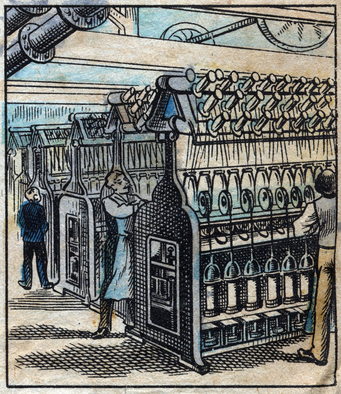 Textil, linne: verkstaden. Förvandla banden till borrar och sedan till trådar med hjälp av spinnande metiers. Gravyr. Epinal avbildning sent 1800-tal. av French School