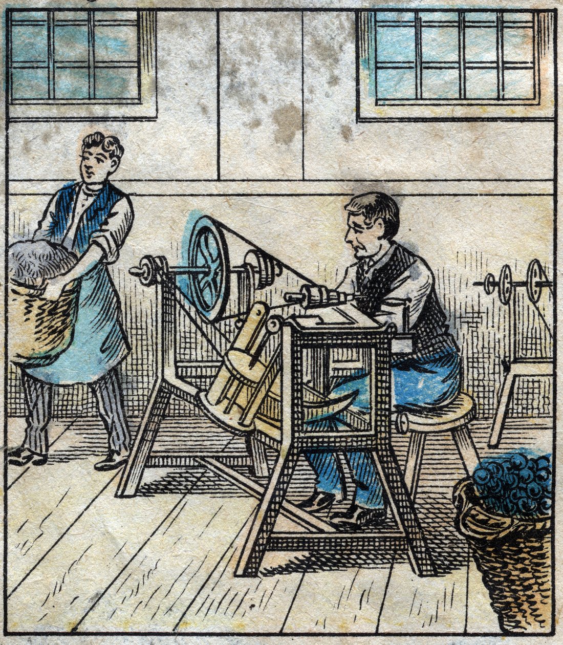 Textil, linne: verkstad. Sytråden läggs ut på kort eller rullar i en boll. Gravyr. Epinal avbildning sent 1800-tal. av French School