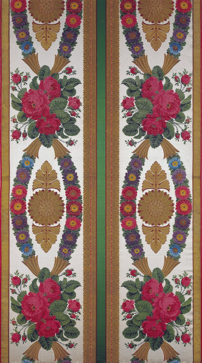 Textil med kransar av prästkragar och buketter av rosor av Cousin och Bony, Bissardon, Lyon, 1811 (broderad satin) av French School