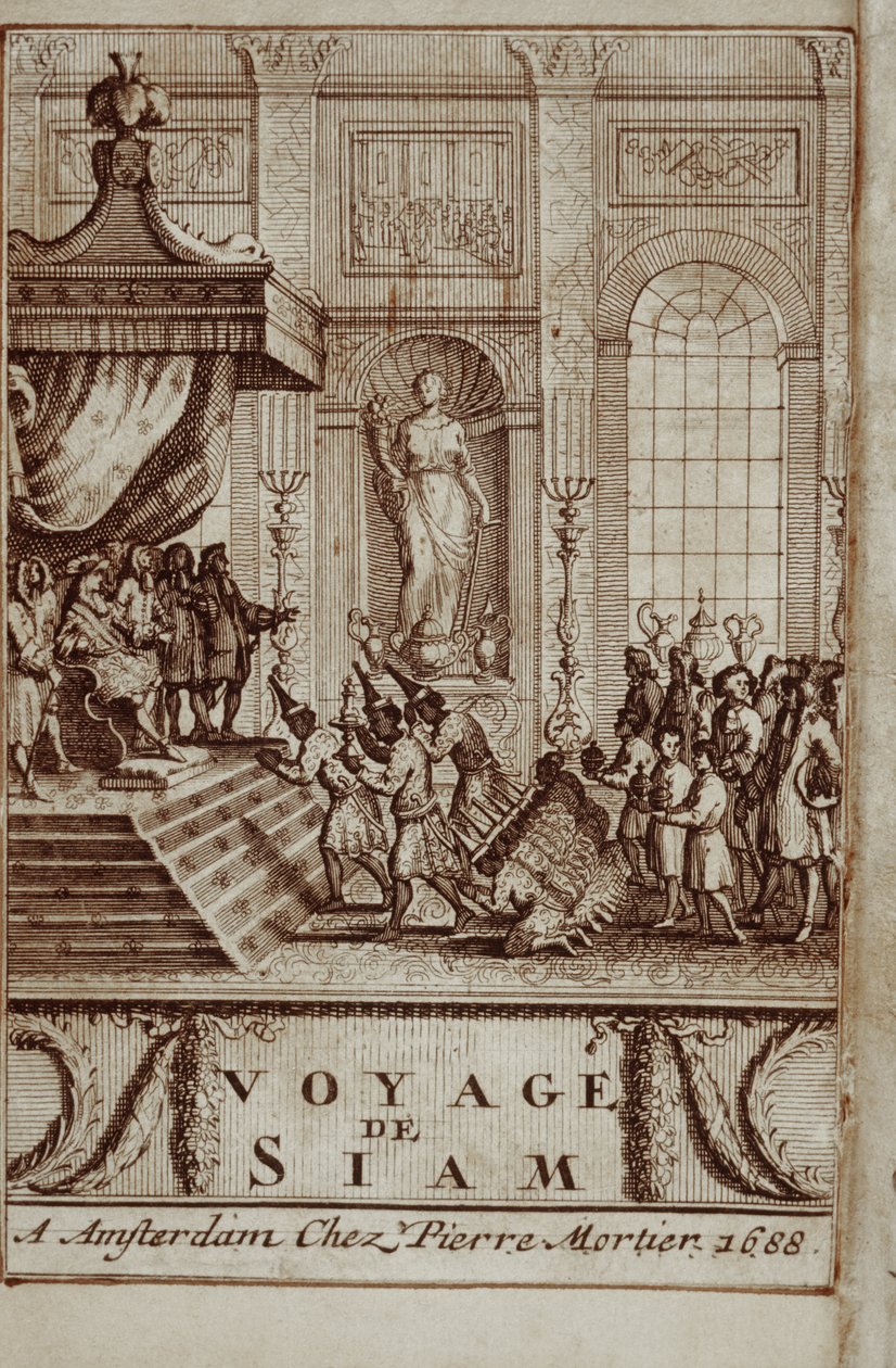 Thailändska ambassadörer mottogs i Paris av Ludvig XIV, frontispice till Journey to Siam av Guy Tachard, 1688 av French School
