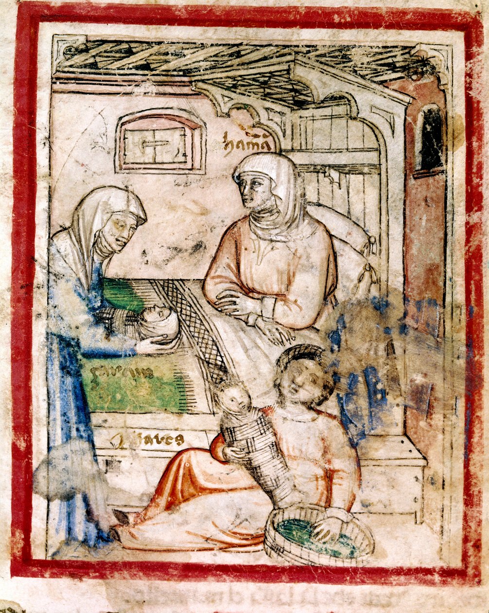 Thamar (Tamar) föder två tvillingar, Perets och Zerah, Judas son, miniatyr från codex 212 (eller padovano codice eller Bible of Padua) 1390-1400 av French School