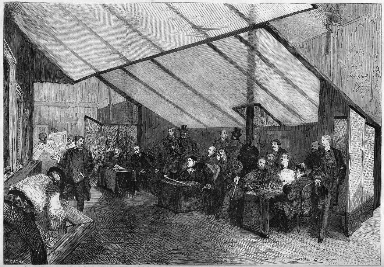Salongen 1872: en session för juryn för målningar. Från höger till vänster är Meissonnier, Ph. Rousseau, Breton, G. Boulanger, Robert Fleury (Robert-Fleury), Fromentin, Jalabert, Mazerolles, Brion, Bonnat, Baudry, Dubuffe, Delauney, Cabat. Gravyr i "" Le av French School